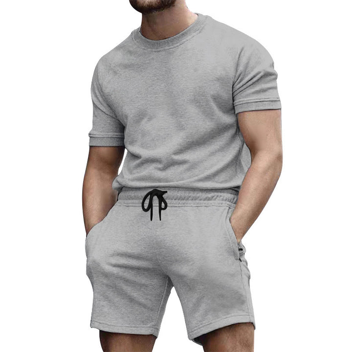Men's short-sleeve sweat set made of soft sweatshirt fabric with a round neck shirt and drawstring shorts StylebySassy