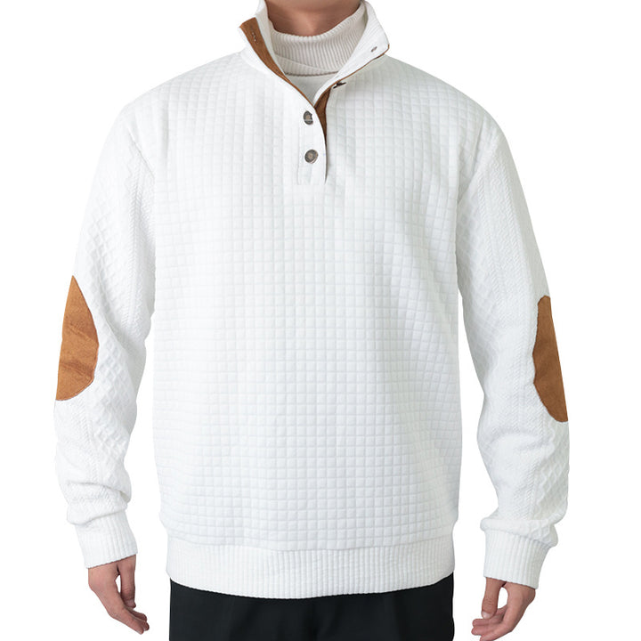 Men's Half-button Stand-up Collar Sweater with Honeycomb Structure and Leather Details StylebySassy