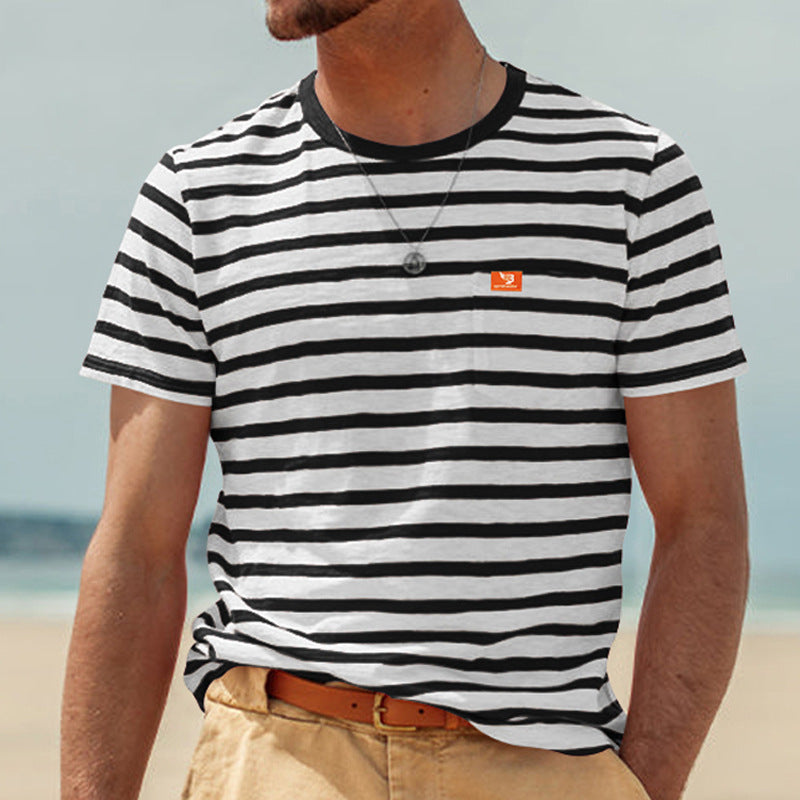 Men's striped short-sleeve T-shirt made of cotton jersey with chest pocket and contrasting round neckline StylebySassy