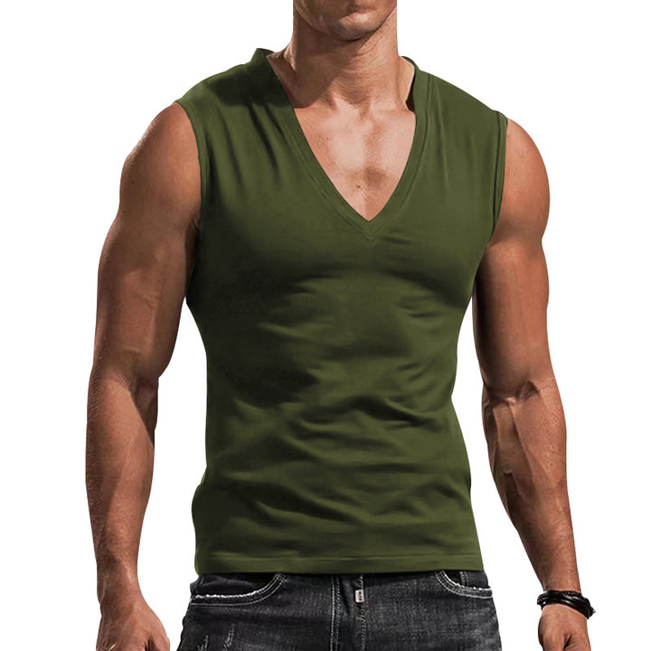 Men's fitted tank top with deep V-neck and stretch cotton blend StylebySassy