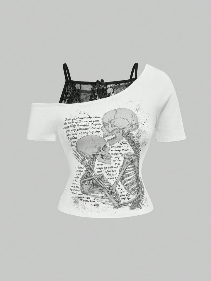 Women's refined graphic T-shirt with lace underlayer StylebySassy