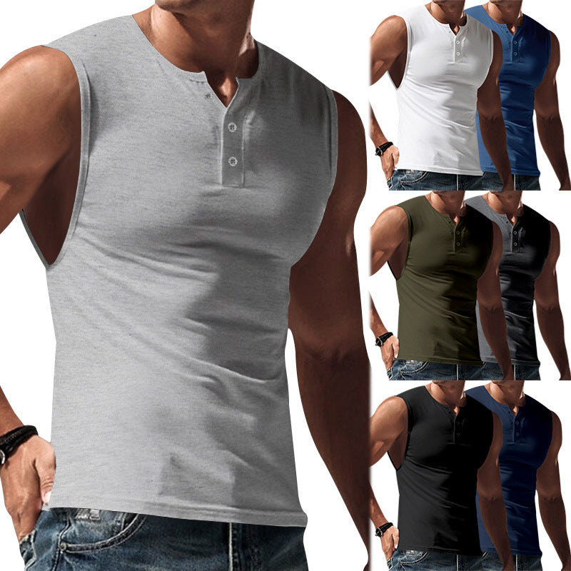 Men's sleeveless muscle shirt with Henley button placket, deep armhole, and elastic cotton blend StylebySassy