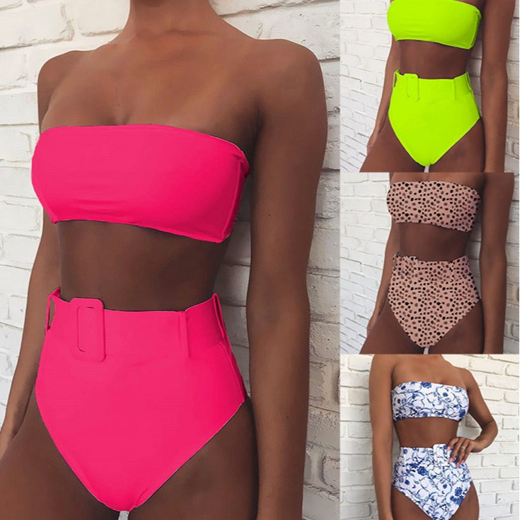 Women High-waisted Bandeau Bikini Set with trendy leopard print StylebySassy