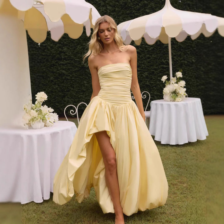Women's Strapless Ball Gown with High Slit and Flowing Skirt StylebySassy