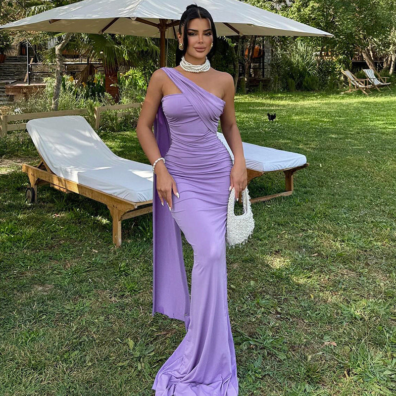 Ladies Elegant Evening Dress with Asymmetrical Cut and Shimmering Fabric StylebySassy