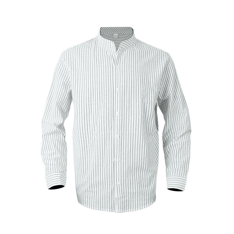 Men's striped stand-up collar shirt made of linen-cotton blend with button placket StylebySassy