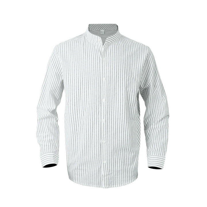 Men's striped stand-up collar shirt made of linen-cotton blend with button placket StylebySassy