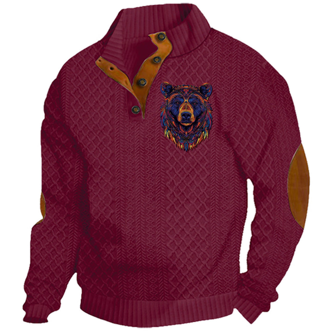 Men's nan Heritage textured pullover with stand-up collar faux leather trim elbow patches and half-button placket StylebySassy