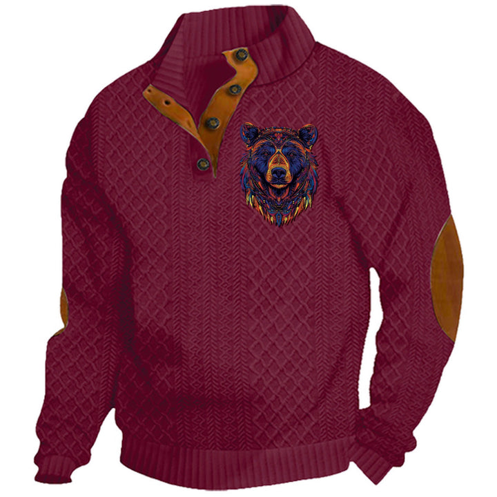 Men's nan Heritage textured pullover with stand-up collar faux leather trim elbow patches and half-button placket StylebySassy