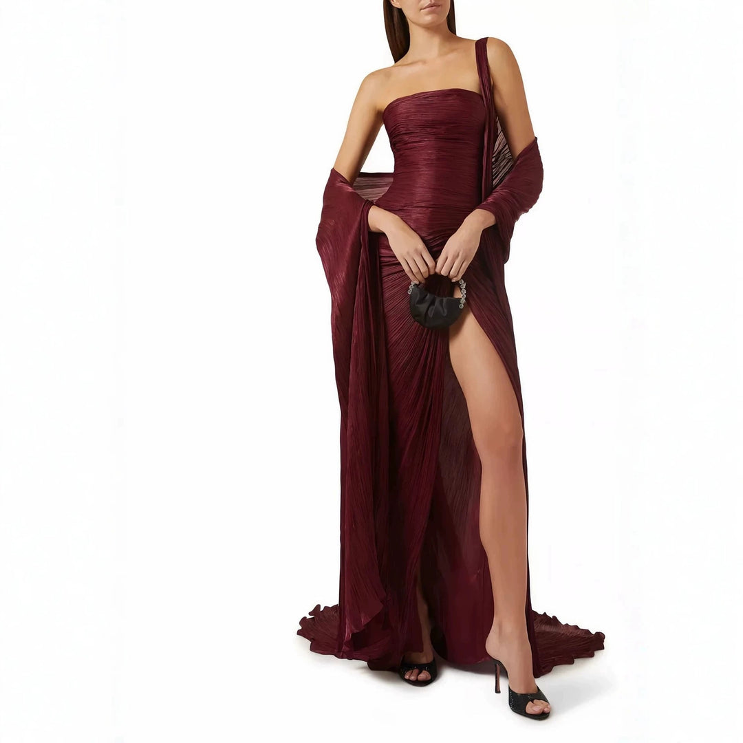 Women Elegant Maxi Dress with Asymmetrical Cut and Pleats StylebySassy