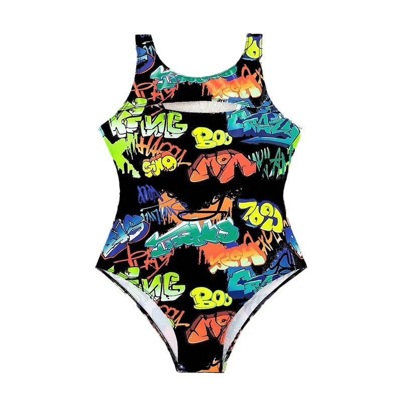 Women's one-piece swimsuit with creative graffiti pattern and modern cut-out detail