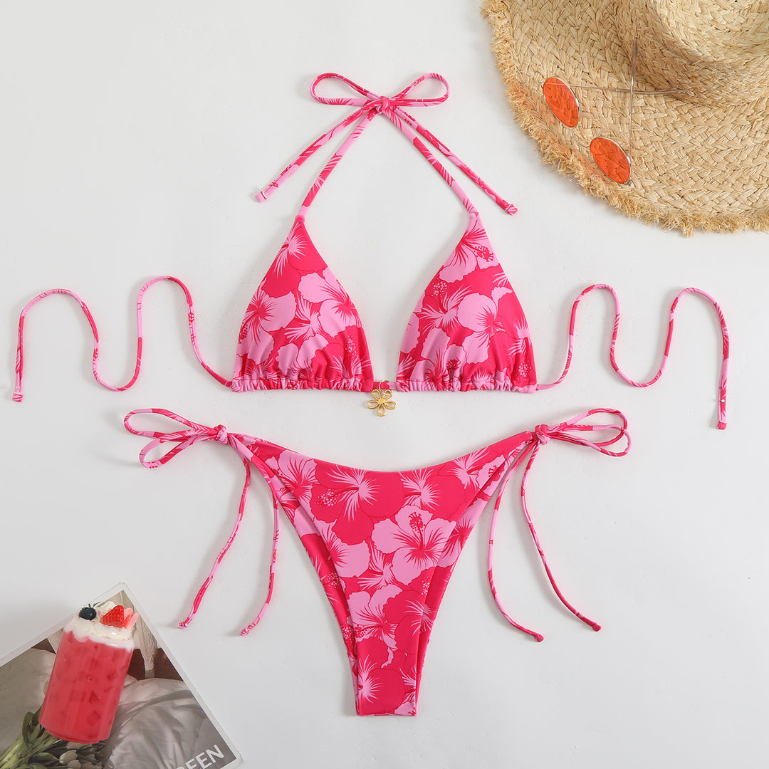 Women's Triangle Bikini Set with Floral Design and Playful Ties StylebySassy