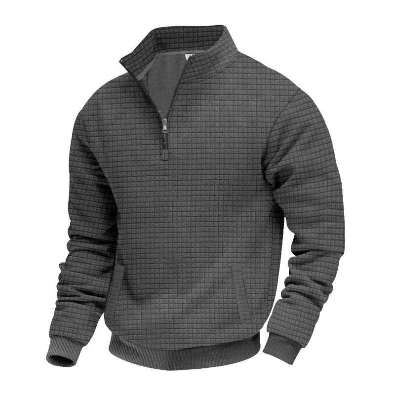 Men's waffle texture half-zip pullover with stand-up collar and subtle side pockets StylebySassy