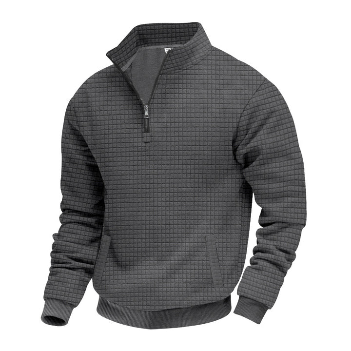 Men's waffle texture half-zip pullover with stand-up collar and subtle side pockets StylebySassy