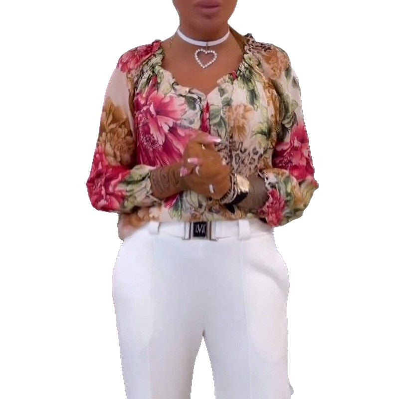 Women's blouse in silk look with floral-animal print, V-neck, gathering and cuffed sleeves StylebySassy