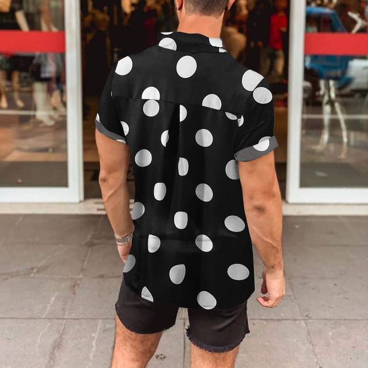 Men's short-sleeved shirt with large polka dot print, deep lapel collar and open button placket StylebySassy