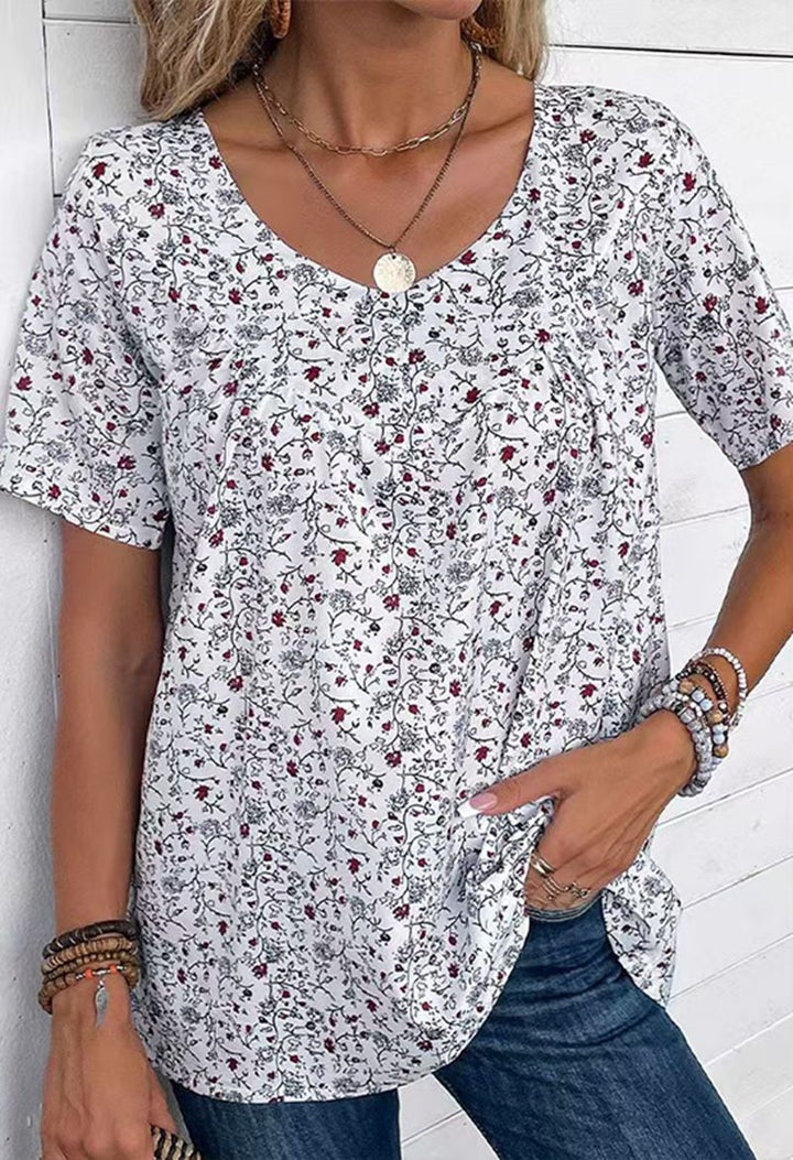 Ladies nan locker cut short sleeve blouse with V-neck, fine floral print and pleat StylebySassy