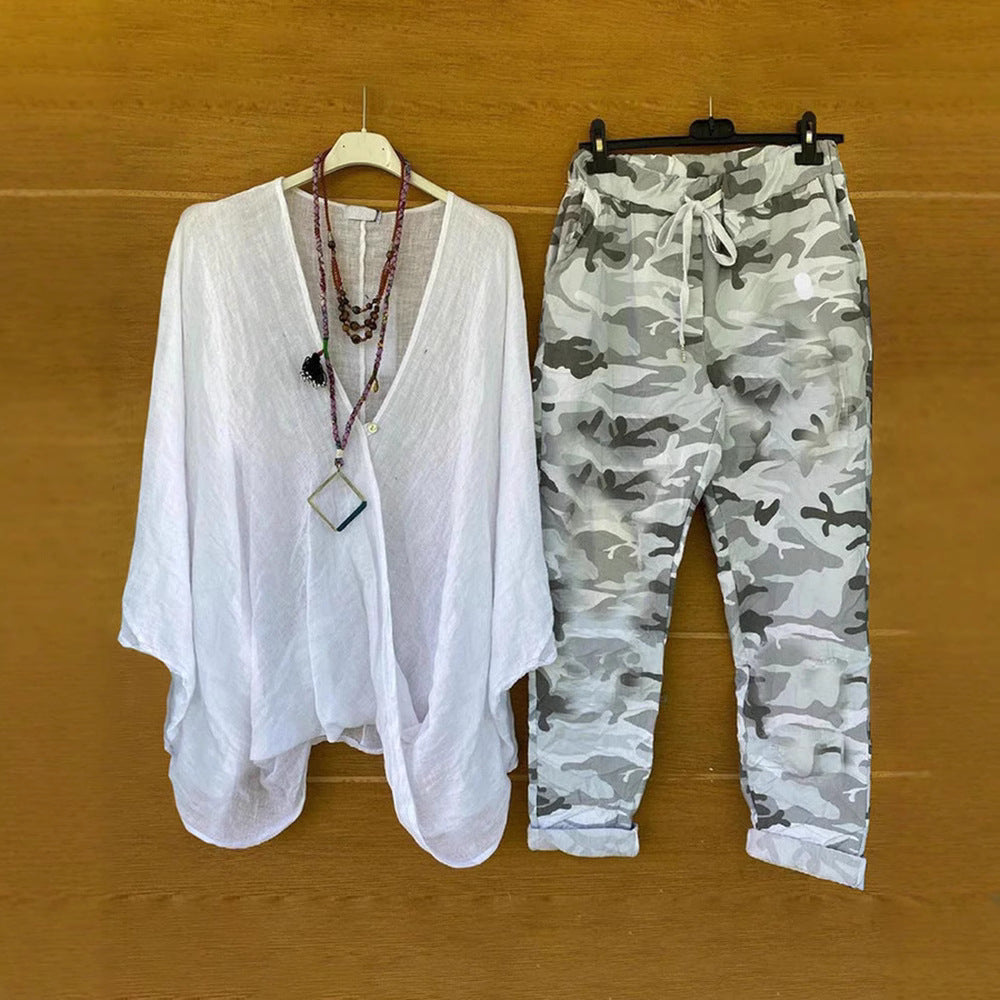 Women's two-piece outfit consisting of flowing kimono top and camouflage jogging pants StylebySassy