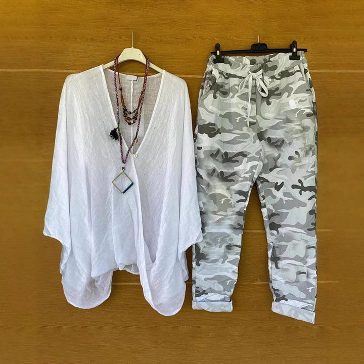 Women's two-piece outfit consisting of flowing kimono top and camouflage jogging pants StylebySassy