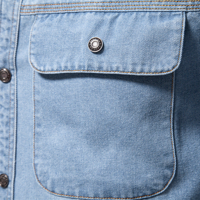 Men's light denim shirt with patch chest flap pockets and Kent collar StylebySassy