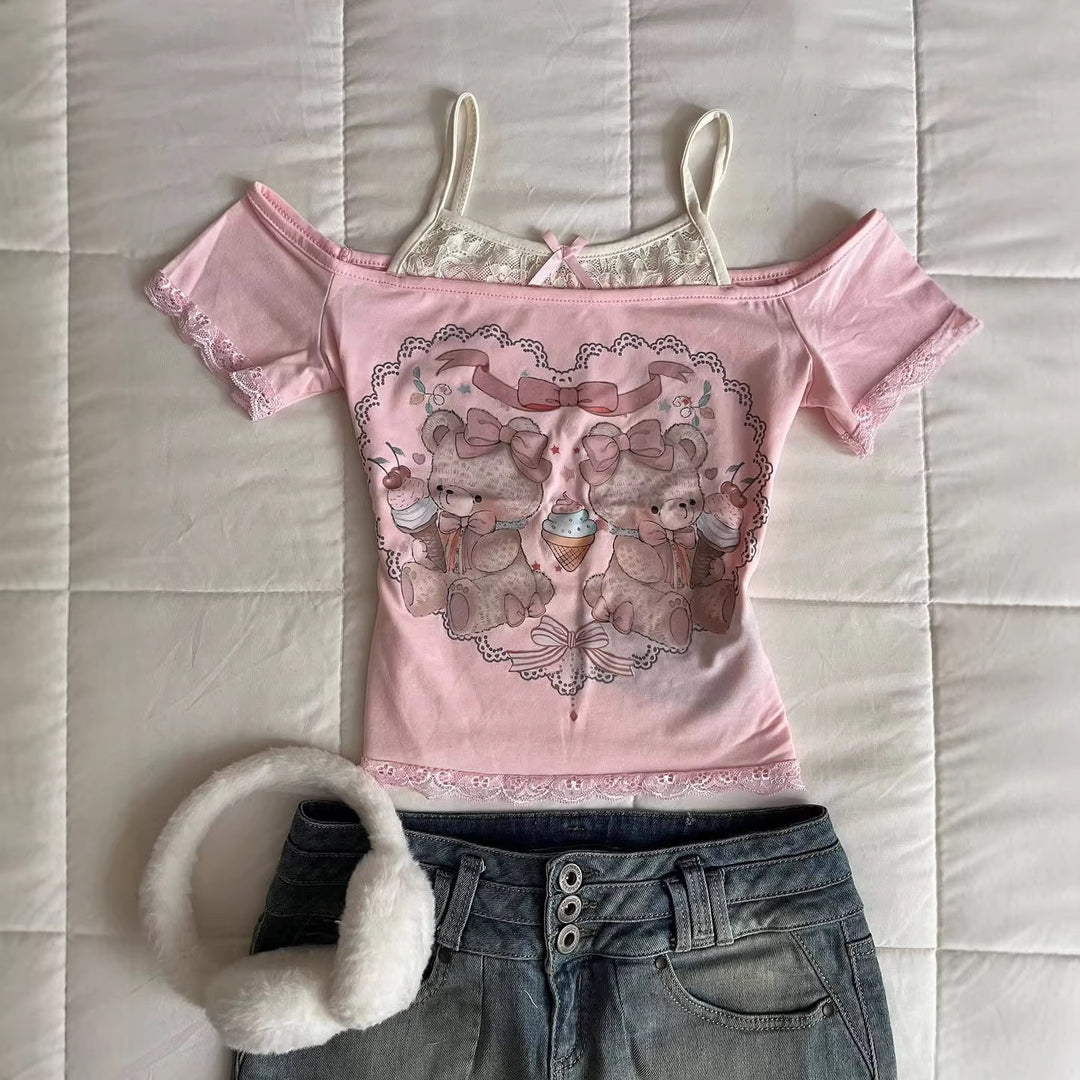 Women Playful T-Shirt with Lace Applications and Cute Bear Motif StylebySassy