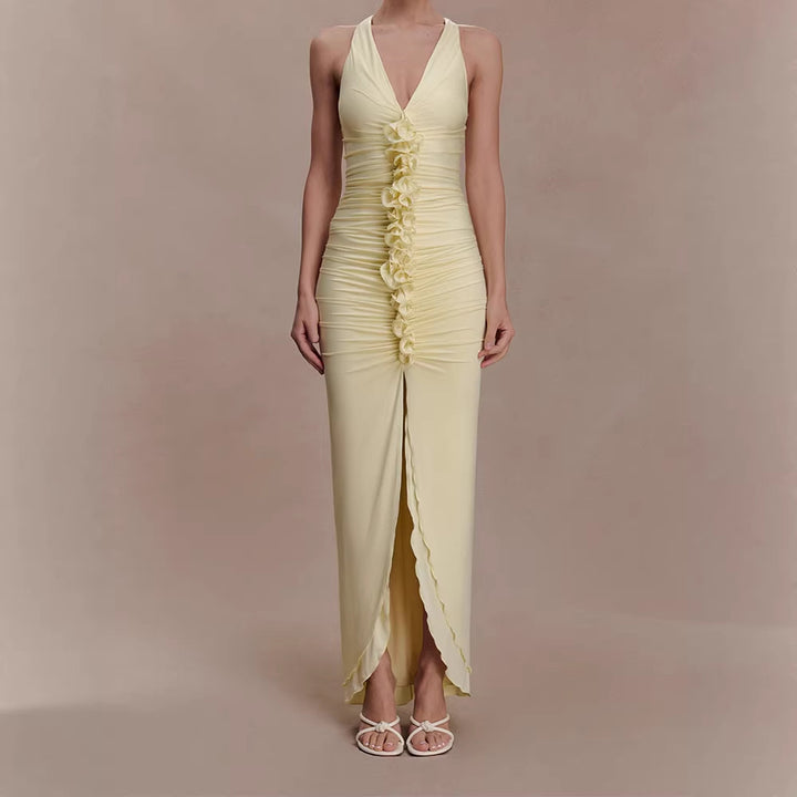 Women High-Quality Evening Dress with Deep V-Neck and Gatherings