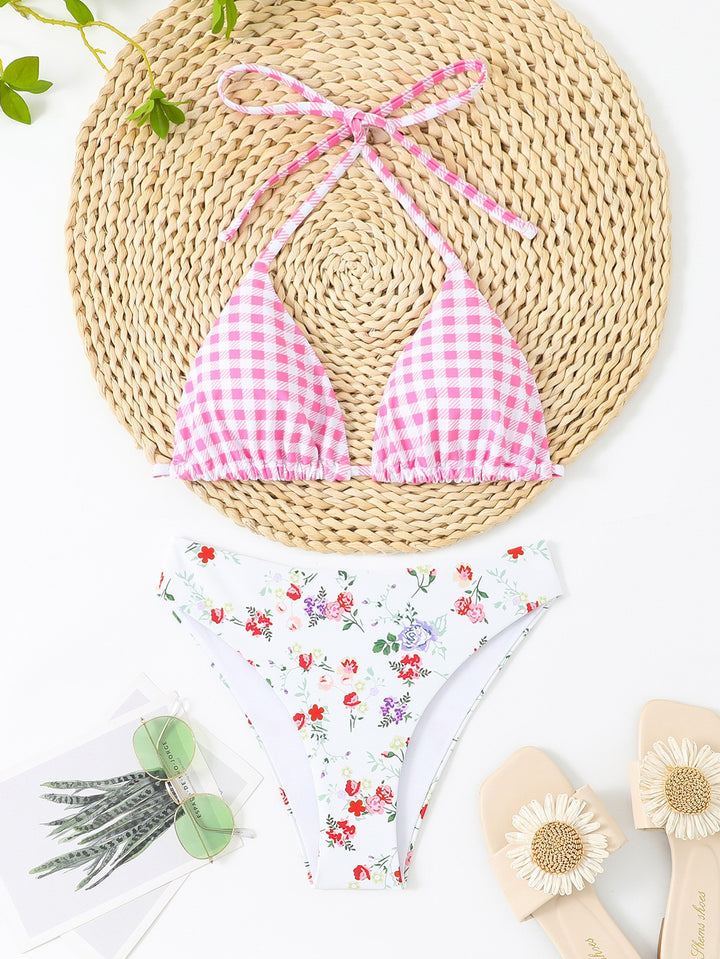 Women Triangle Bikini with Floral and Checkered Pattern StylebySassy