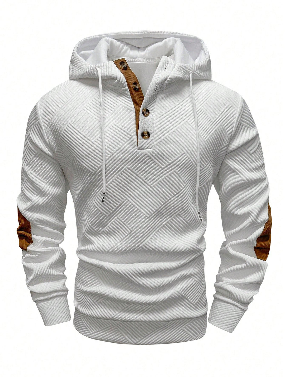 Men's structured hoodie in Henley style with contrast trim and elbow patches StylebySassy