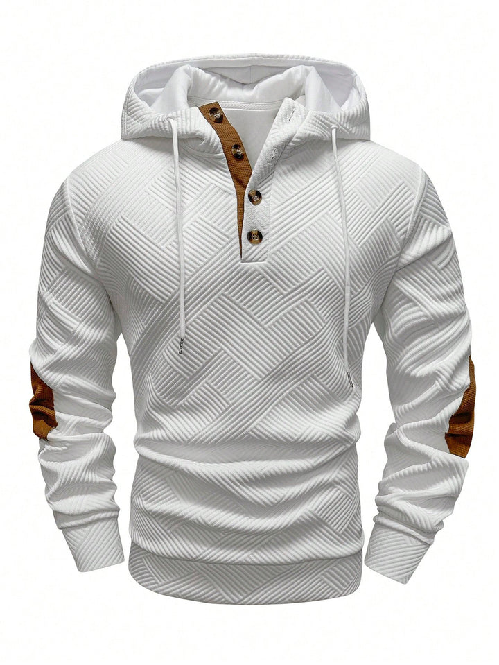 Men's structured hoodie in Henley style with contrast trim and elbow patches StylebySassy