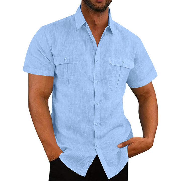 Men's structured short sleeve shirt in linen gauze look with flap pockets and rounded hem StylebySassy