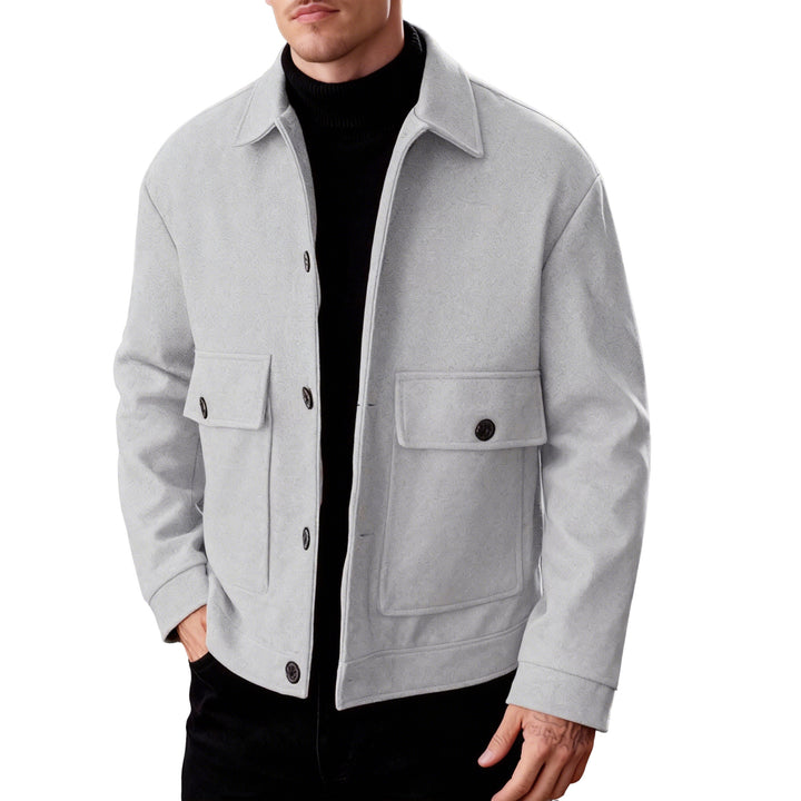 Men's short wool field jacket with shirt collar, flap pockets, and clear silhouette StylebySassy