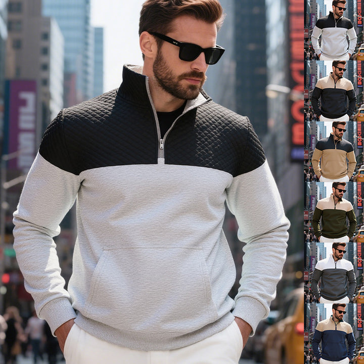 Men's quilted shoulder yoke half-zip sweater with kangaroo pocket and stand collar StylebySassy