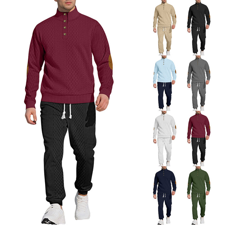 Men's patterned knit leisure set with half-button stand collar suede elbow patches and drawstring joggers StylebySassy