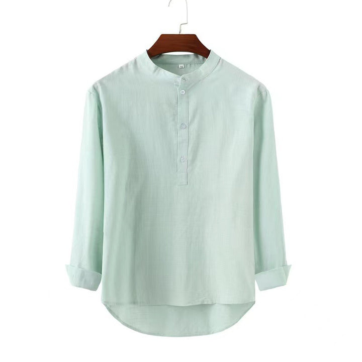 Men's casual shirt with stand-up collar, short button placket, and rounded hem StylebySassy