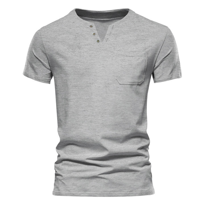 Men's tailored short sleeve Henley shirt with chest pocket and asymmetrical button placket StylebySassy