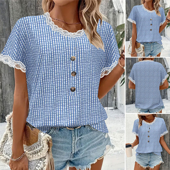 Women's short-sleeved Vichy check blouse with lace trim and decorative button placket StylebySassy