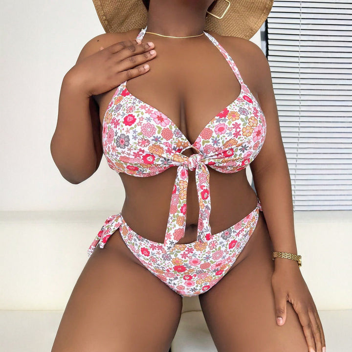Ladies triangle bikini with playful floral pattern and removable padding StylebySassy