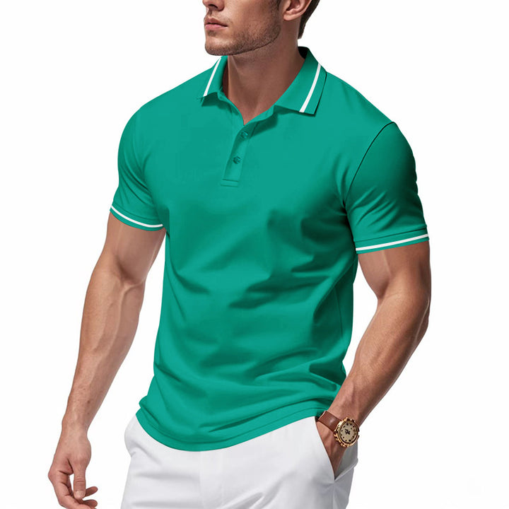 Men's breathable interlock polo shirt with contrast tipping, short button placket and slim silhouette StylebySassy