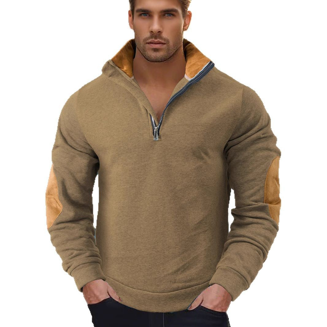 Men's short zip stand collar sweater with contrast collar and suede elbow patches StylebySassy