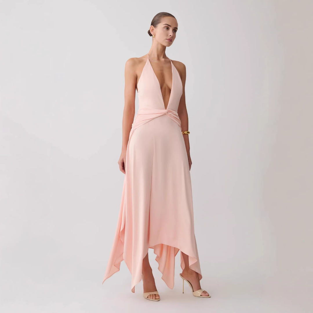 Women Elegant Wrap Dress with Deep V-Neck and Asymmetrical Hem StylebySassy