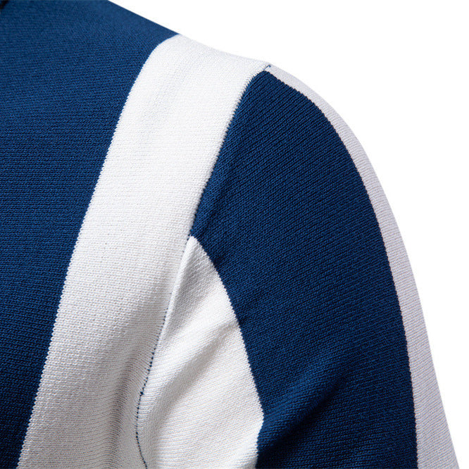 Men's short-sleeved fine knit half-zip polo with distinctive block stripes and Kent collar StylebySassy
