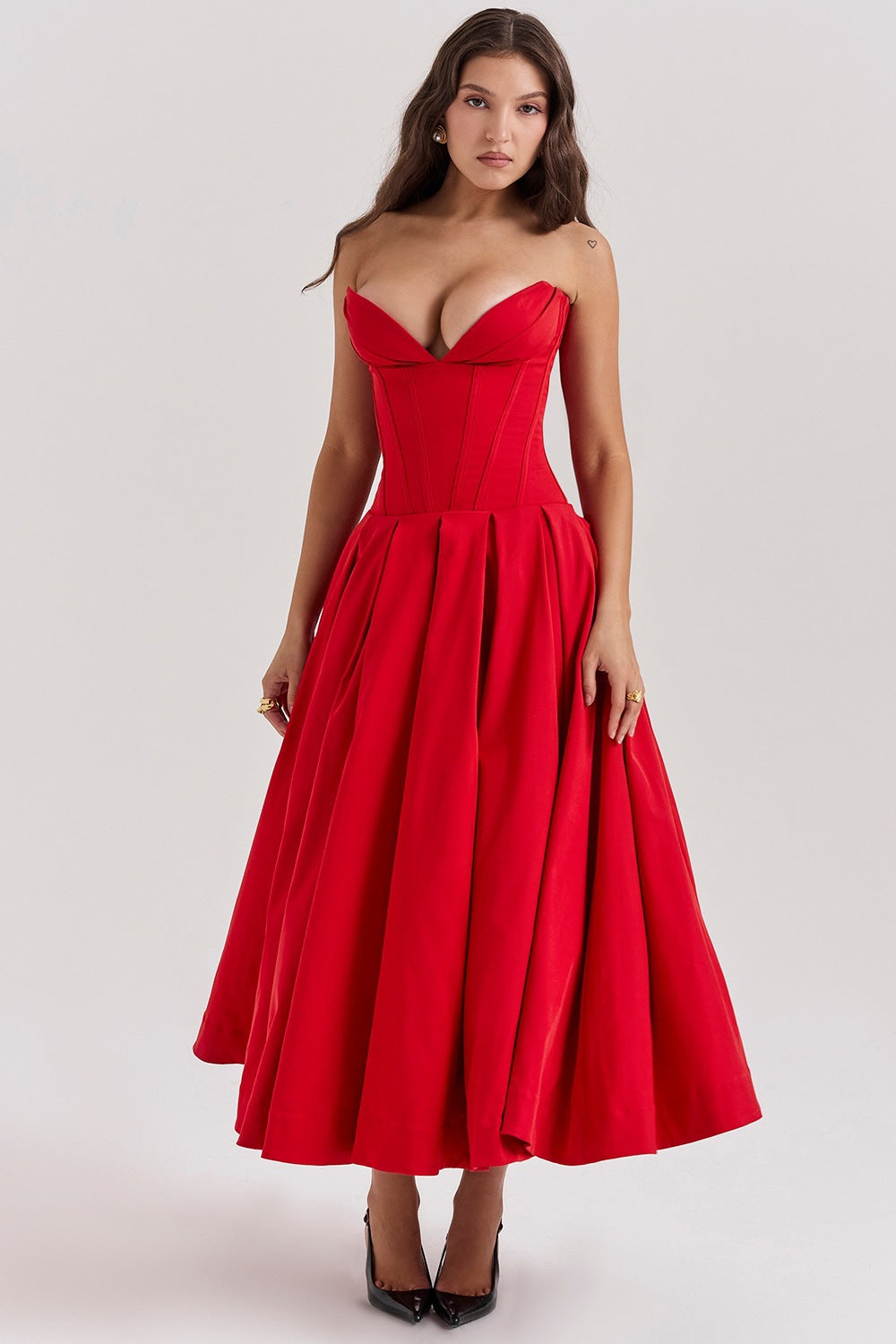 Women's strapless corset midi dress with pre-shaped bodice construction and flared circle skirt StylebySassy