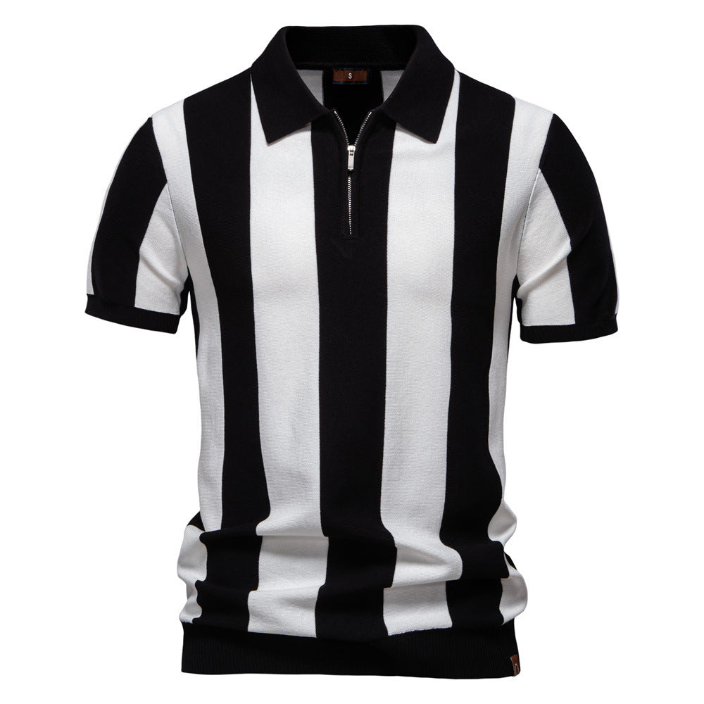 Men's short-sleeved fine knit half-zip polo with distinctive block stripes and Kent collar StylebySassy