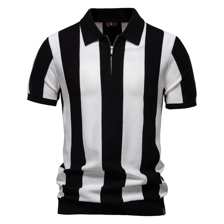 Men's short-sleeved fine knit half-zip polo with distinctive block stripes and Kent collar StylebySassy