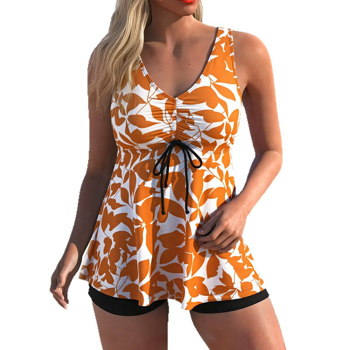 Ladies' tankini set with stylish ruffle and graphic peacock pattern StylebySassy