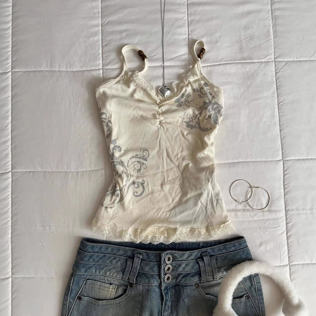 Women Playful Spaghetti Strap Top with Lace Details StylebySassy