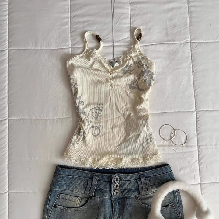 Women Playful Spaghetti Strap Top with Lace Details StylebySassy