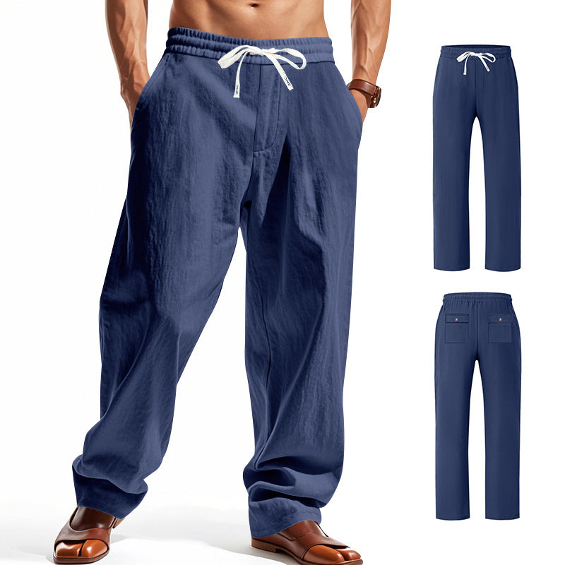 Men's wide comfort trousers in linen blend with elastic drawstring, straight leg, and patch back pockets StylebySassy