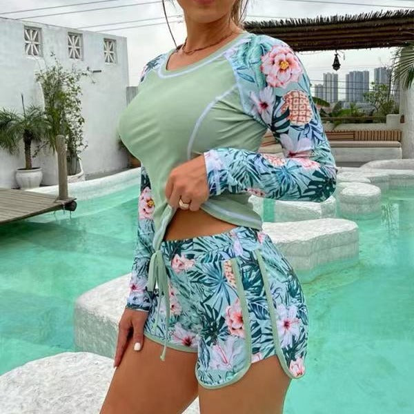 Ladies Sporty Long Sleeve Swim Top with Floral Design and Shorts StylebySassy