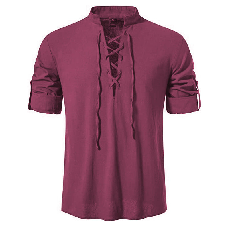 Men's casual lace-up shirt with stand-up collar, linen-cotton blend and roll-up sleeve tabs StylebySassy